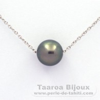 Rhodiated Sterling Silver Necklace and 1 Tahitian Pearl Round C 9.1 mm