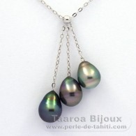 Rhodiated Sterling Silver Necklace and 3 Tahitian Pearls Ringed B from 8.5 to 8.7 mm