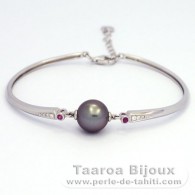 Rhodiated Sterling Silver Bracelet and 1 Tahitian Pearl Round C 10.5 mm