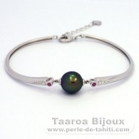 Rhodiated Sterling Silver Bracelet and 1 Tahitian Pearl Near-Round C+ 10 mm