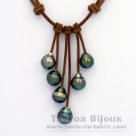 Leather Necklace and 6 Tahitian Pearls Ringed C from 9.9 to 10.4 mm