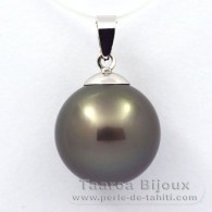 18K Solid White Gold Pendant and 1 Tahitian Pearl Round B 13.5 mm
