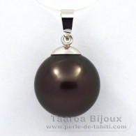 18K Solid White Gold Pendant and 1 Tahitian Pearl Round B 13.1 mm