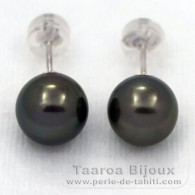 18K Solid White Gold Earrings and 2 Tahitian Pearls Round B 8.5 mm