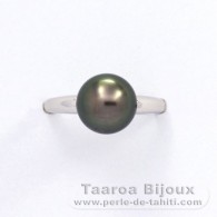 Rhodiated Sterling Silver Ring and 1 Tahitian Pearl Round B 8.9 mm