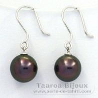 18K Solid White Gold Earrings and 2 Tahitian Pearls Near-Round B 9.7 mm