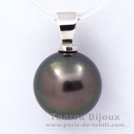 Rhodiated Sterling Silver Pendant and 1 Tahitian Pearl Round C 12.5 mm