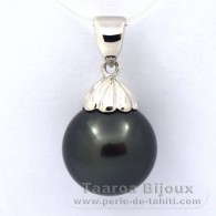 Rhodiated Sterling Silver Pendant and 1 Tahitian Pearl Round C 12.5 mm