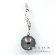 Rhodiated Sterling Silver Pendant and 1 Tahitian Pearl Round C 11.3 mm