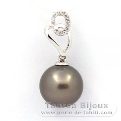 Rhodiated Sterling Silver Pendant and 1 Tahitian Pearl Round C 11.5 mm