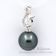 Rhodiated Sterling Silver Pendant and 1 Tahitian Pearl Round C 10.4 mm