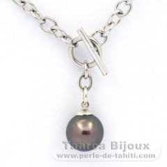 Rhodiated Sterling Silver Bracelet and 1 Tahitian Pearl Round C 11.1 mm