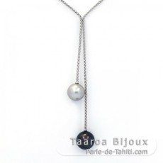 Rhodiated Sterling Silver Necklace and 2 Tahitian Pearls Round C 11.6 and 12.2 mm