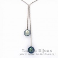 Rhodiated Sterling Silver Necklace and 2 Tahitian Pearls Round C+ 12.1 and 12.5 mm