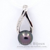 Rhodiated Sterling Silver Pendant and 1 Tahitian Pearl Round C 9.5 mm