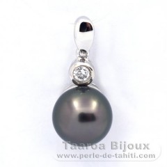 Rhodiated Sterling Silver Pendant and 1 Tahitian Pearl Round C 9 mm