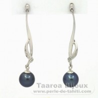 Rhodiated Sterling Silver Earrings and 2 Tahitian Pearls Round 1 B & 1 C 8.1 mm