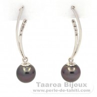 Rhodiated Sterling Silver Earrings and 2 Tahitian Pearls Round 1 B & 1 C 8.9 mm