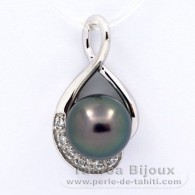 Rhodiated Sterling Silver Pendant and 1 Tahitian Pearl Round C 10.3 mm