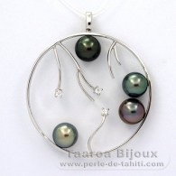 Rhodiated Sterling Silver Pendant and 4 Tahitian Pearls Round C  8.2 to 8.4 mm