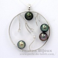 Rhodiated Sterling Silver Pendant and 4 Tahitian Pearls Round C 8.2 to 8.4 mm