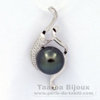 Rhodiated Sterling Silver Pendant and 1 Tahitian Pearl Semi-Baroque C 11.3 mm