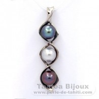 Rhodiated Sterling Silver Pendant and 3 Tahitian Pearls Semi-Baroque B+  8.9 to 9 mm