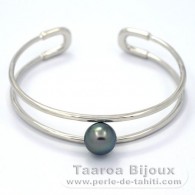 Rhodiated Sterling Silver Bracelet and 1 Tahitian Pearl Round C 9.9 mm