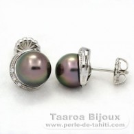 Rhodiated Sterling Silver Earrings and 2 Tahitian Pearls Round C 8.8 mm