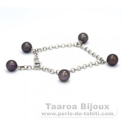 Rhodiated Sterling Silver Bracelet and 5 Tahitian Pearls Round C  7.8 to 8.4 mm