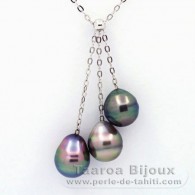 Rhodiated Sterling Silver Necklace and 3 Tahitian Pearls Ringed B 8.8 mm