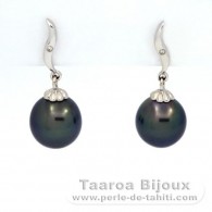 18K Solid White Gold Earrings + 2 diamonds of 0.01 carats HS1 and 2 Tahitian Pearls Semi-Baroque B+ 9.3 mm