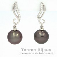Rhodiated Sterling Silver Earrings and 2 Tahitian Pearls Round C 9.6 and 9.7 mm