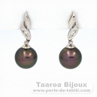 Rhodiated Sterling Silver Earrings and 2 Tahitian Pearls Round C 9 mm