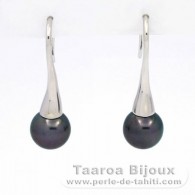 Rhodiated Sterling Silver Earrings and 2 Tahitian Pearls Round C 9 mm