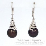 Rhodiated Sterling Silver Earrings and 2 Tahitian Pearls Near-Round C 9.6 mm