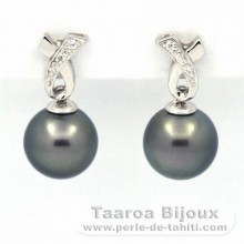 Rhodiated Sterling Silver Earrings and 2 Tahitian Pearls Round C 9 and 9.1 mm