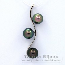 Rhodiated Sterling Silver Pendant and 3 Tahitian Pearls Semi-Baroque A/B  8 to 8.4 mm