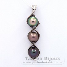 Rhodiated Sterling Silver Pendant and 3 Tahitian Pearls Semi-Baroque C  9.6 to 9.8 mm