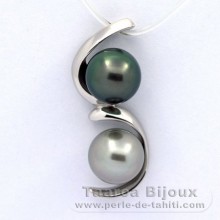 Rhodiated Sterling Silver Pendant and 2 Tahitian Pearls Semi-Baroque B 8.9 mm
