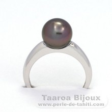 Rhodiated Sterling Silver Ring and 1 Tahitian Pearl Round B 8.7 mm