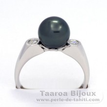 Rhodiated Sterling Silver Ring and 1 Tahitian Pearl Round C 9.1 mm