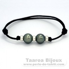 Waxed Cotton Bracelet and 2 Tahitian Pearls Round C 10.3 and 10.4 mm