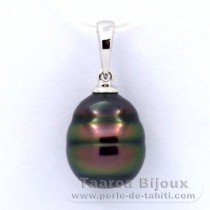 Rhodiated Sterling Silver Pendant and 1 Tahitian Pearl Ringed B 10.5 mm