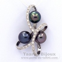 Rhodiated Sterling Silver Pendant and 3 Tahitian Pearls Round C+ 8.3 to 8.6 mm