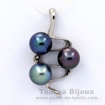 Rhodiated Sterling Silver Pendant and 3 Tahitian Pearls Near-Round C+ 8.9 to 9 mm