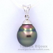 Rhodiated Sterling Silver Pendant and 1 Tahitian Pearl Ringed C 10.6 mm