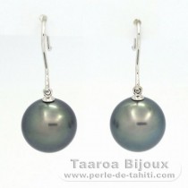 18K Solid White Gold Earrings and 2 Tahitian Pearls Round C 12 mm