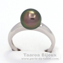 Rhodiated Sterling Silver Ring and 1 Tahitian Pearl Round C 9.1 mm