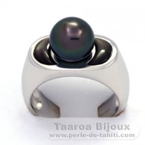 Rhodiated Sterling Silver Ring  and 1 Tahitian Pearl Round B  9.1 mm